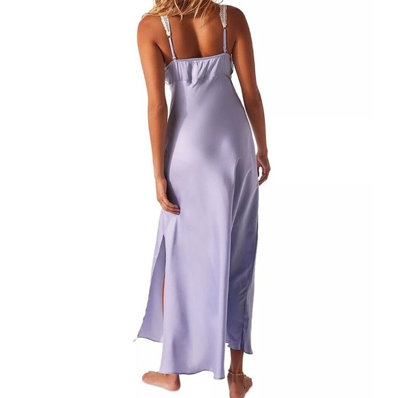 Free People Countryside Lilac Purple Satin Lace Trim Slip Maxi Dress Sz M - Picture 2 of 15